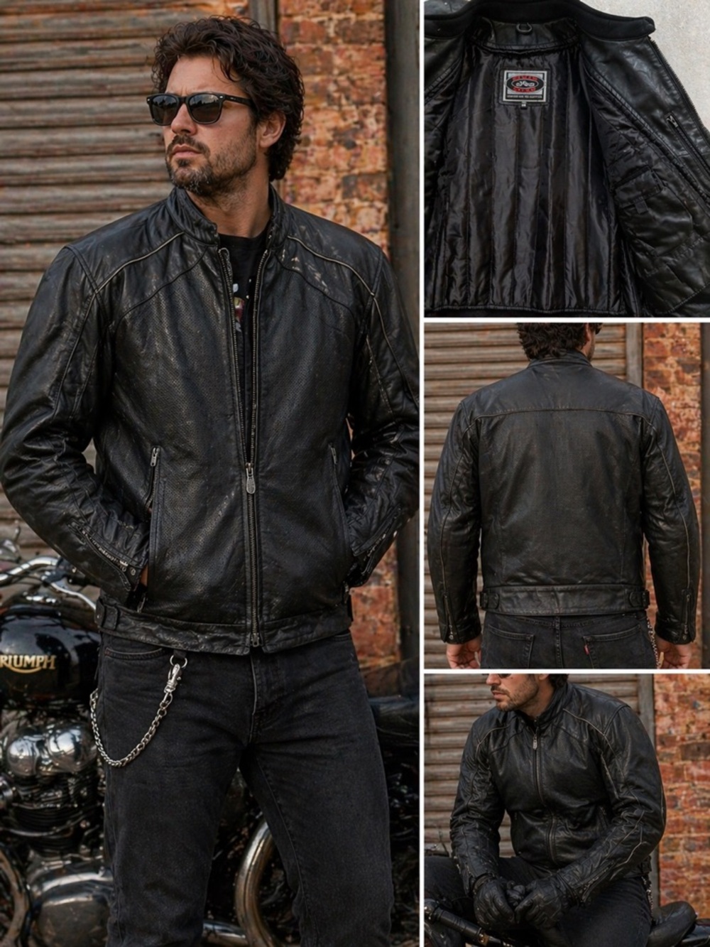 Buffalo Leather Moto Jacket Cafe Racer Black Perforated XL 48 River Road Biker